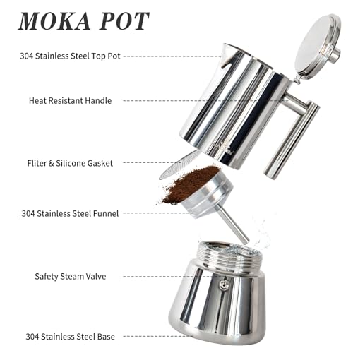 LAOION Stovetop Espresso Maker, 4Cup 6.8 oz Moka Pot, Stainless Steel Silver 4-Cup