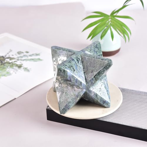 JIC Gem Amazing Gemstone Merkaba Moss Agate Metaphysical Merkaba Star for Energy Generator Crystal and Healing Stones for Grid Home Decor Protection Spiritual Gifts Reiki (6-7cm) 2.36-2.75 Inch