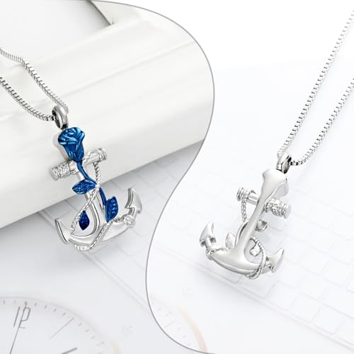 XSMZB Rose Flower Anchor Urn Necklace for Ashes Stainless Steel Cremation Ashes Jewelry for Human Pet Anchor Funeral Memorial Pendant Blue