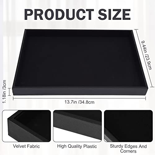 Two black velvet jewelry trays from JETEHO, stackable display for necklaces, bracelets, and rings, empty plate set.
