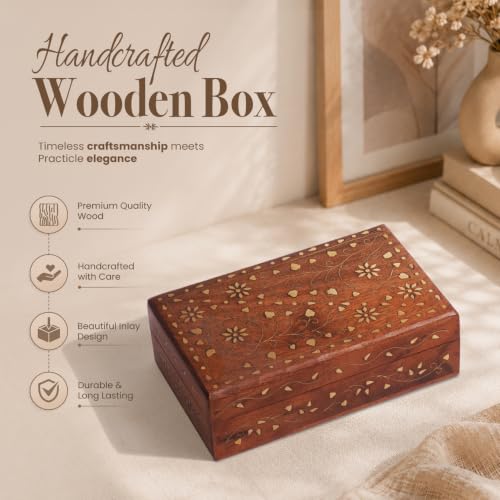 Ajuny Hand Carved Wooden Decorative Jewelry Storage Box with Floral Carvings Design Brass Inlay Keepsake Travel Treasure Chest Trinket Holder Organiser Great Gifts 8 x 5 Zoll