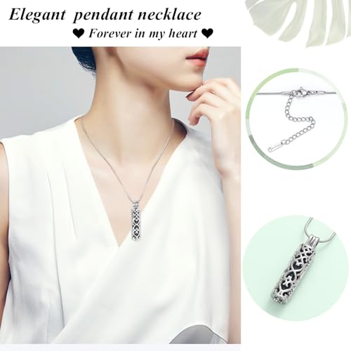 Hollow Cylinder Urn Necklace for Ashes for Women Men Cremation Jewelry Keepsake Memorial Pendant for Human Pet Ash Holder Silver+Black