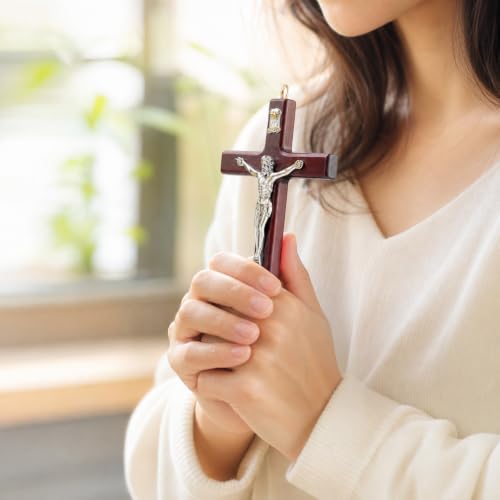 FWYDRJZC Wooden Wall Cross 10x7cm Red Brown Crucifix Jesus Wall Hanging Ornament Religious Christian Home Church Decor Faith Gift