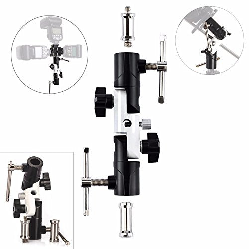 EXMAX Full Aluminum Pro Flash Hot Cold Shoe with Triple (3) Flash Mount Head Umbrella Holder Adapter Mount with Swivel/Tilt Bracket 3 Section U Shape Studio Light Stand Speedlight