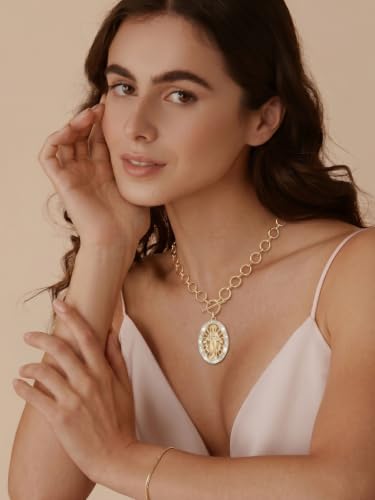 Virgin Mary Necklace Gold with OT Chain, 925 Sterling Silver Miraculous Medal Necklace for Women, Catholic Jewelry Virgin Mary Pendant Mother Mary Necklace Religious Gift Gold-010