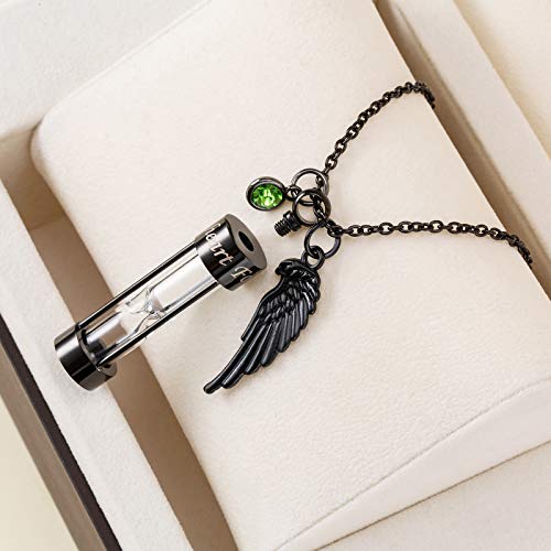 PREKIAR Cremation Urn Necklace for Ashes Timeless Hourglass Memorial Pendant Keepsake Jewelry for Human Pet Ashes with 12 Birthstone Angel Wing Black hourglass