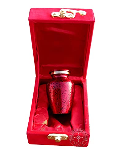 Mini Red Keepsake Urn for Human Ashes – Small Brass Cremation Urn with Velvet Box – Handcrafted Memorial Urn for Adults – Celebration of Life Funeral Urn
