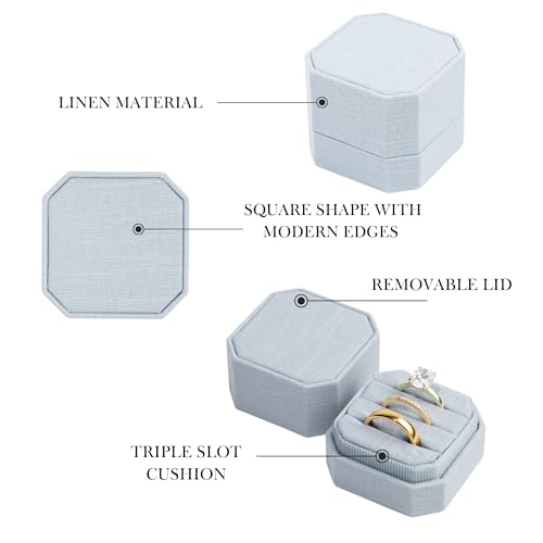 Linen Wedding Ring Box, Linen 3 Slot Engagement, Wedding Day Ceremony and Detail Photos, Removable Lid, Square Ring Box, 2"x2"x1.75" (Dusty Blue) Dusty Blue