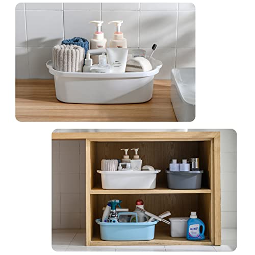 Two white JiatuA large portable shower caddy baskets with handles, ideal for organizing cleaning supplies and toiletries.