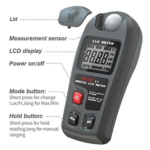 BSIDE digital light meter lux tester with LCD display for measuring indoor, garden, classroom, plant, and LED light levels