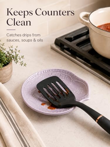 Lavender Purple Ceramic Spoon Rest for Kitchen Counter, 5.7" Floral Butterfly Embossed Spoon Holder for Stovetop, Dishwasher Safe Heat Resistant Utensil Rest, Farmhouse Kitchen Decor Gift, 2 Pcs