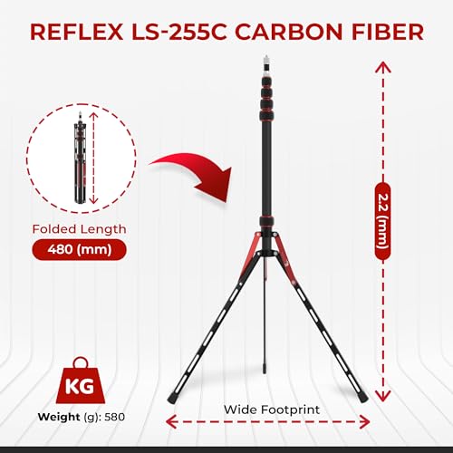 REFLEX CAMERA 88" Carbon Fiber Light Stand – Lightweight 7ft 3in Travel Lighting Tripod for Photography – Supports Flash, Softbox, LED & Camera – 1/4" to 3/8" Adapter, Adjustable, Portable