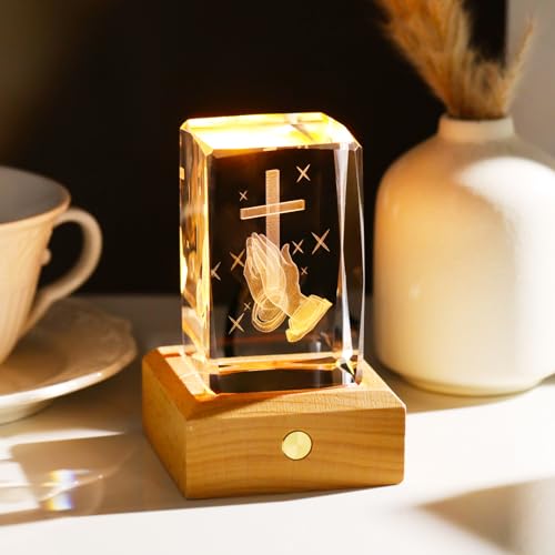 Arikyrist 3D Crystal Praying Hands Statue with Wooden Colorful LED Base Praying Hands With Cross