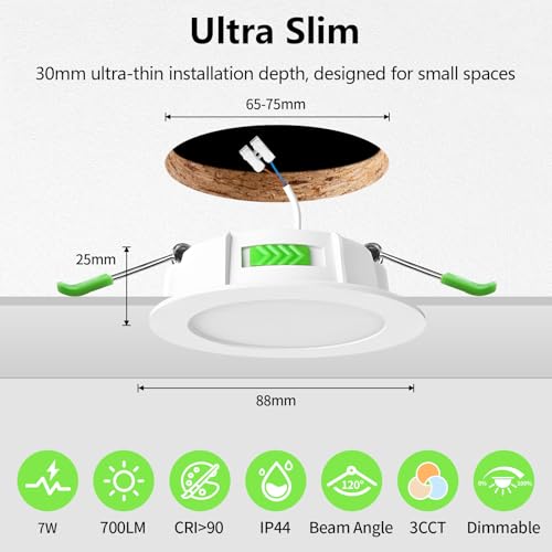 GeyouLux Recessed LED Spotlight 230V Dimmable, 65-75 mm Hole Size LED Spotlights, Set of 6 | 7W 700LM Recessed Lights, IP44 2700K/4000K/6500K Ceiling Spotlights, Extra Flat Recessed Spotlights for Bathroom, Kitchen, Living Room, White