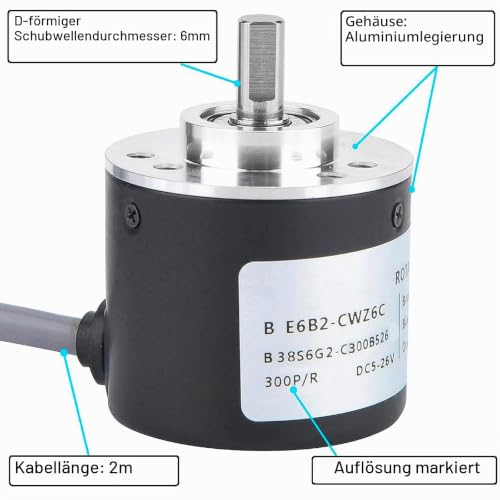 1000P/R Rotary Encoder, 300P/R to 2500P/R Incremental Encoder Module, DC 5-26 V, Universal Rotary Encoder, A, B, Z 3-Phase Output, with 2 m Cable 6 mm D-Wave, for Intelligent Control Path Measurement (1000P/R) 1000P/R
