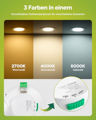Fondiiz Recessed Spotlight LED 230V, 6W, 75mm - 90mm Hole Size, IP44 | 700 lm, 3 color temperatures, warm white 2700 K/neutral white 4000 K, cool white 6000 K, diameter 98 mm LED spots for Not Dimmable. Set of 12