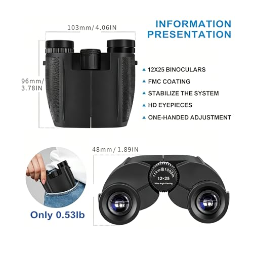 12x25 Compact Small Binoculars for Adults Teens – Lightweight Pocket Binoculars with BAK4 Prism & FMC Lens – High Power for Bird Watching, Concerts, Hiking – Easy Focus, Comfortable Eyecups
