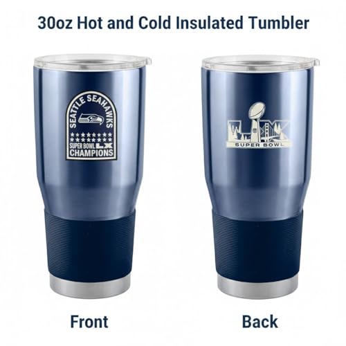 Logo Brands Seattle Seahawks Super Bowl LV Champions 30oz 18/8 Stainless Steel Tumbler – Vacuum Insulated Travel Cup with Handle & Straw – Keeps Drinks Cold 24h+