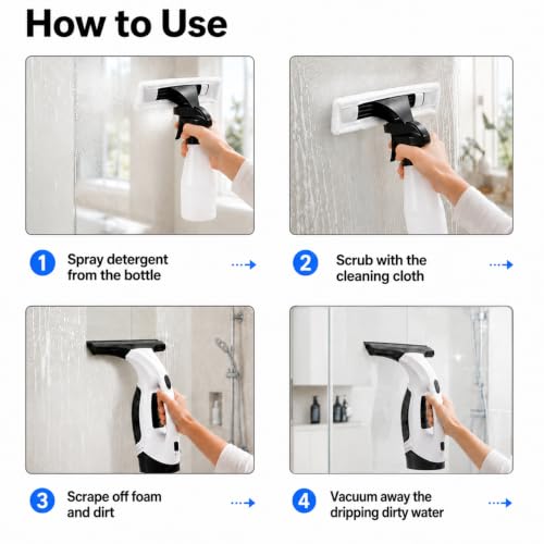 Electric Window Vacuum Cleaner Cordless, Glass Washer Vac 2000pa 150ml Water Tank, Windows Cleaning Equipment Tool Suitable for Mirrors Windows Glass (with 4 Cloths)