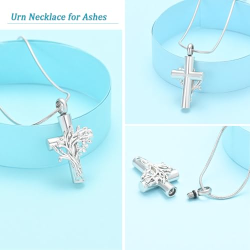 Cross Urn Necklace with Tree of Life Design Stainless Steel Cremation Jewelry for Ashes for Men Women Memorial Keepsake Pendant for Loved Ones Silver