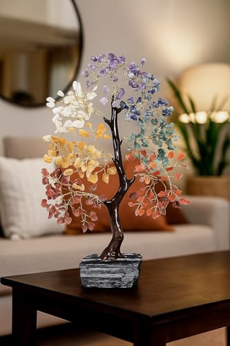 CREATIVE LEATHER ART 7 Chakra Crystal Tree with Raw Black Tourmaline Base - Gemstone Bonsai Money Tree for Good Luck & Protection