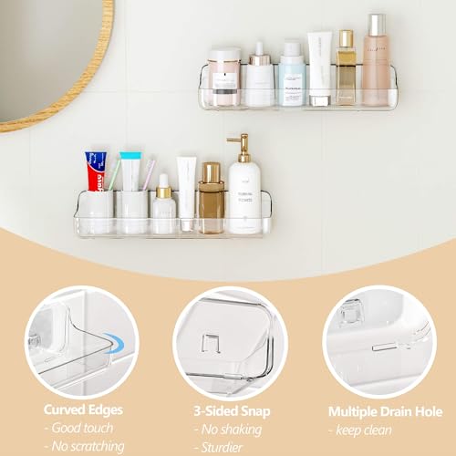 UDD Acrylic Clear Shower Caddy Adhesive Shelf, 2pc Plastic Shower Organizer with Self Adhesive Tape, No Drilling Wall Mount Shower Shelves for Bathroom Kitchen, Transparent 2Pack