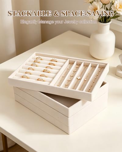 Velvet Jewelry Drawer Organizer Trays Set of 4, Beige 4 Layers