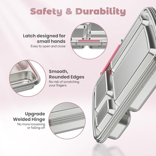 Stainless Steel Bento Box for Kids, Kids Lunch Box with 4-Compartment, Metal Lunch Box with Silicone Container & Sauce Cup, Durable Lunch Box Containers for School and Office (Pink) Pink