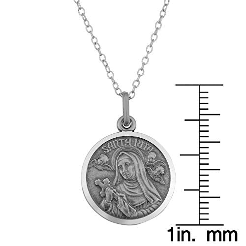 Oxidized Sterling Silver Round Saint Rita Medal Necklace (18 mm, 18 inch)