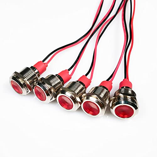 Gebildet 5pcs 12 mm AC/DC 12-24V LED Metal Indicator Light Waterproof Signal Lamp Pilot Dash Directional with Wire (Red) Red-ac/DC 12-24 V
