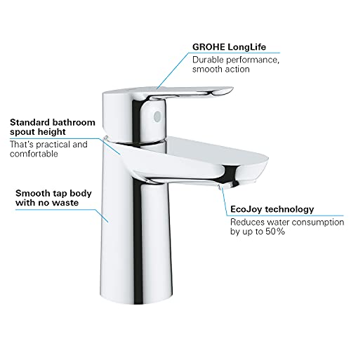 GROHE BauEdge - Smooth Body Single-Lever Basin Mixer Tap (1-Hole Installation, Metal Lever, 28mm Ceramic Cartridge, Water Saving Technology, No Waste Set, Tails 3/8 inch), Size 144mm, Chrome, 23330000 S