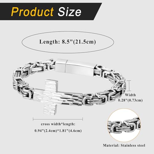 Flongo Men’s Byzantine Cross Bracelet – Silver Stainless Steel Link Bracelet Christian Jewellery Symbol of Faith Strength and Courage Religious Gift for Men Communion Baptism Easter Church Silver