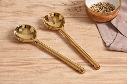 Pampa Bay Wood Look Titanium-Plated Porcelain Salad Server Set, 10.5 Inch, Gold/White/Wood Look