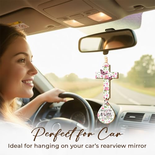 Christian Floral Cross Car Hanging Ornament – “I Am With You Always” Matthew 28:20 – Rearview Mirror Faith Gift for Women, Butterfly Rose Design, Scripture Card & Gift Box, Drive Safe Blessing Décor Cross Rose
