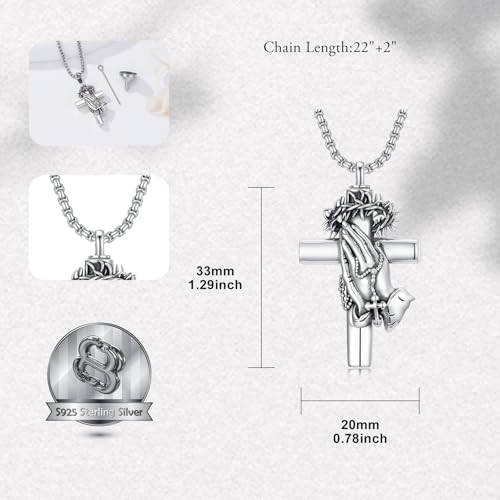 PROESS Praying Hands/Angel/Sword Wings Cross Necklace 925 Sterling Silver Cross Pendant Cremation Jewelry Religious Gifts for Men Christian 3-Cross urn necklace