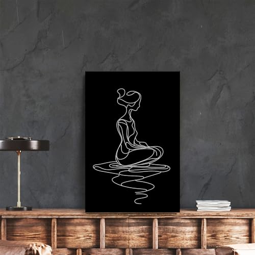 CCCHCY Minimalist Black and White Line Canvas Wall Art, Abstract Modern Zen Art Print, Meditating Woman Wall Decor, Serene Yoga Pose Artwork, Spiritual Home Décor for Living Bedroom, 16" x 24" Line Girl Wrapped Canvas 24"L x 16"W