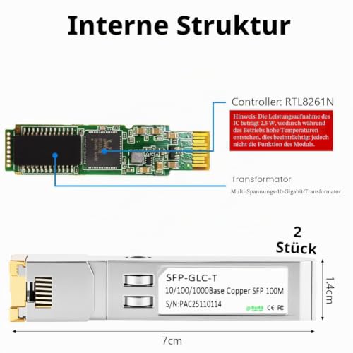 OFFCUP 1.25GBase-T SFP+ Transceiver, 1.25Gb Copper SFP+ Module, Cat.5/6, up to 100 m, Compatible with Cisco SFP-10G-TS, Ubiquiti UF-RJ45-10G MikroTik S+RJ10 Netgear TP-Link Supermicro Supermicro D-Link 2 stuks - 100M