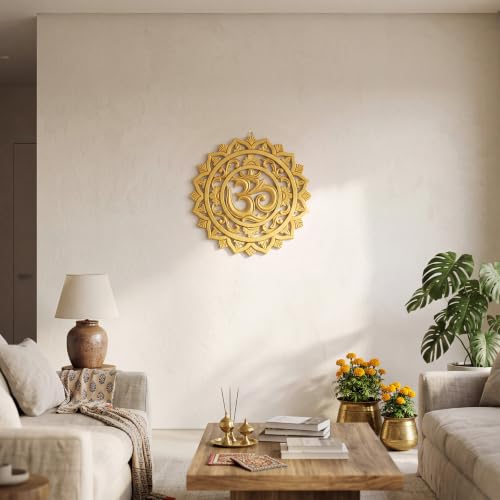 RattanView Wooden Om Wall Decor Hanging Art Golden Om Round Decoration Gold