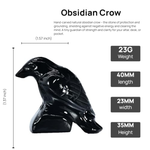 Obsidian Raven Sculpture Small Crystal Crow Figurine 1.57” for Home Decor, Healing Crystals Stone, Spiritual Totem Gift Raven-b