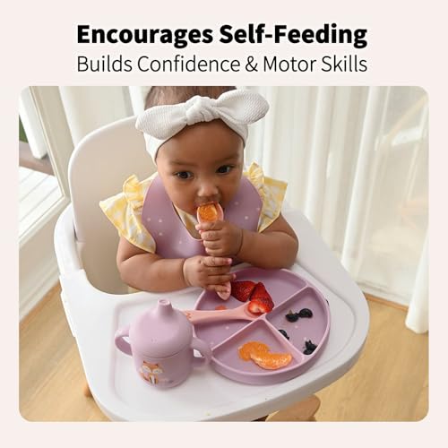 Little Rawr Baby Led Weaning Bundle, 100% Silicone Baby Feeding Set Includes Divided Plate, Suction Bowl, Straw Cup, Bib, Spoon & Fork, Develops Self Feeding Skills, Dishwasher Safe (Purple) Pink