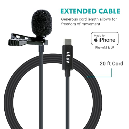 Movo uLav-L Digital Lavalier Omnidirectional Clip on Microphone with USB-C Connector Compatible with iPhone 15/16/17 and Up, iPad-Pro (20-Foot Cord) Single Lav with 20-foot Cord