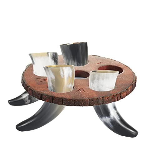 FENRIR Viking Drinking Horn Set of 5 – Gifts for Men, Dad, Husband – Unique Viking Gift – Handmade Real Ox Horn Cup with Wooden Storage Tray & Opener – For Beer, Ale, Mead