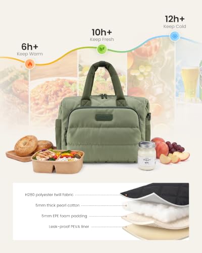 LOVEVOOK Insulated Lunch Bag Women,Puffer Lunch Cooler Box with Utensil Bag Beige Checkered-Corduroy Large - 13L