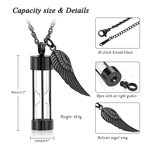 XSMZB Cremation Jewelry for Ashes Timeless Hourglass Cremation Memorial Pendant Stainless Steel Urn Necklace for Human Pet Ashes with Angel Wings Black