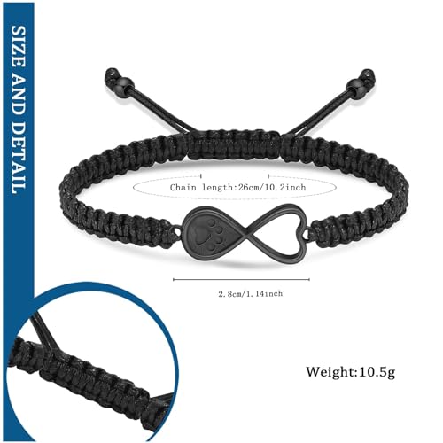 Infinity Heart Urn Bracelet for Ashes Pet Dog Cat Paw Print Cremation Jewelry Keepsake Braided Rope Adjustable Bangle Memorial Gift for Men Women black