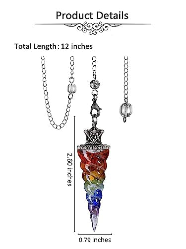 Jovivi Natural 7 Chakra Crystal Pendulums for Divination Dowsing, Crown Sprial Cone Pointed Pendant Pendulum with Chain, Resin Chip Stones Healing Reiki Chakra Gemstone Pendulum Wiccan Witchcraft