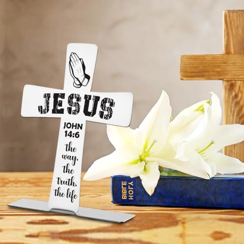 Jesus Cross Decor with John 14:6 Scripture - The Way The Truth The Life Inspirational Christian Tabletop Cross for Prayer Room Church Religious Faith Gift Decorative Signs-DX439