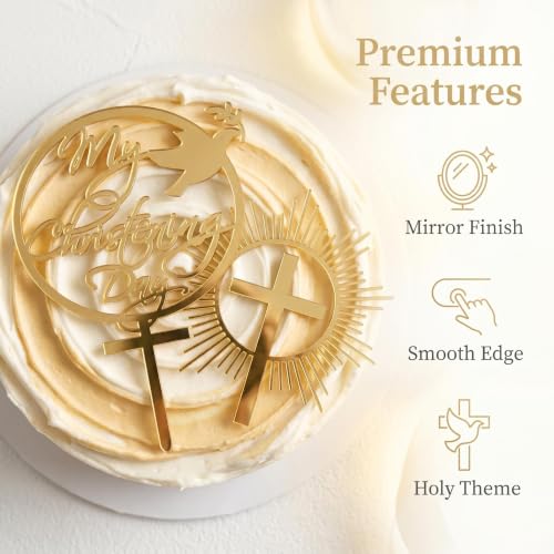 2 Pcs Acrylic Cross Cake Topper for Baptism, First Holy Communion Cake Topper Decorations for Baby Shower, Christening Cake Topper Religious Party Supplies