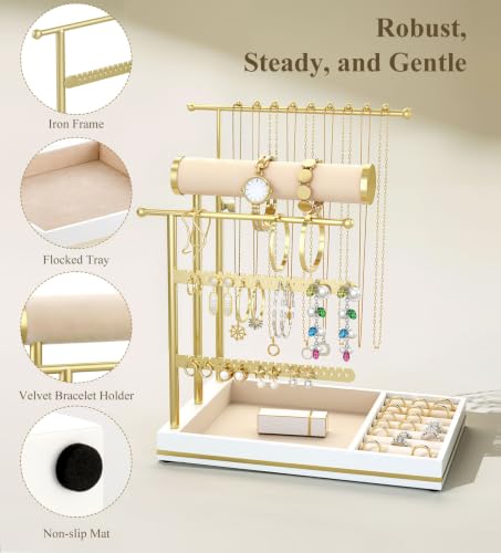 Emibele Necklace Holder Jewelry Organizer Stand, 5 Tier Jewelry Holder White & Gold