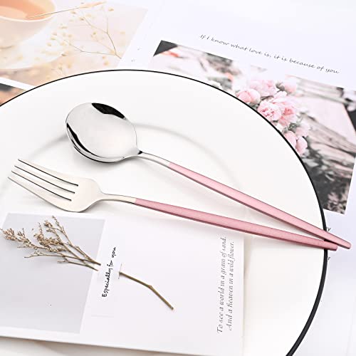 Mirror Cutlery Serving Set, 24-piece 18/0 Stainless Steel Silverware With Pink Handle Simple & Modern Tableware For Home Party Restaurant Christmas Dinner, Service For 6 (Pink Silver) Pink silver